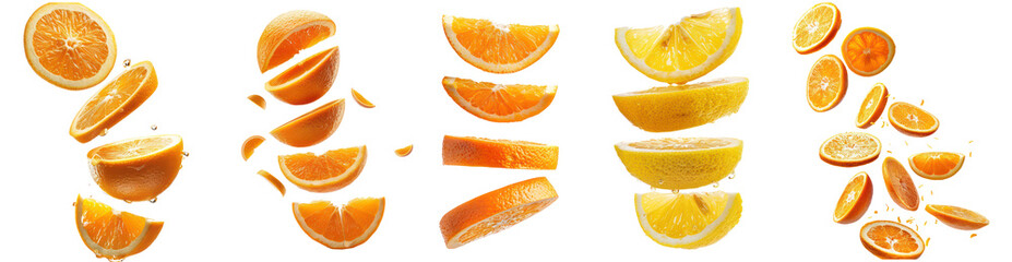 Four slices of orange flying against a transparent background