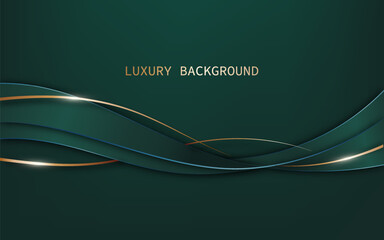 Luxurious abstract background with a  green dynamic, wave ribbon and  gold lines elements