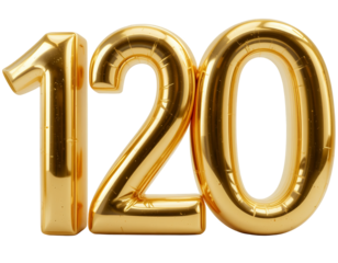 Shiny gold foil balloons forming the number one hundred twenty on a black background
