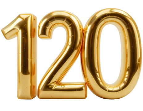 Shiny gold foil balloons forming the number one hundred twenty on a black background