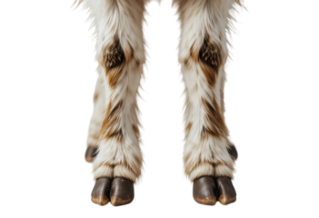 close up view of furry animal legs with hooves standing on black background showcasing texture and