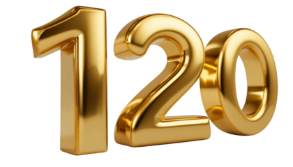 Shiny golden numerals one two zero with reflective metallic texture on black background