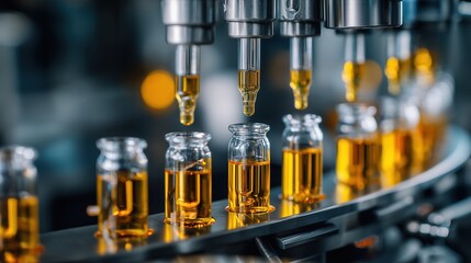 Automated Pharmaceutical Filling Line Amber Glass Vials Filled With Liquid