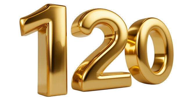 Shiny golden numerals one two zero with reflective metallic texture on black background