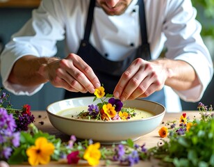 Innovative chef creating a fresh seasonal soup with modern garnishes
