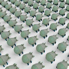 Row of Identical Durable Metal Bomb Models Representing Technology and Military Themes. 3D Illustration. File with Clipping Path