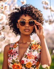Spring Dress with Floral Patterns and Trendy Accessories