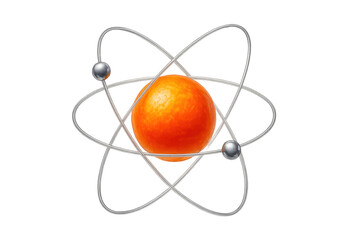 Orange fruit representing atomic nucleus, electrons swirling around in scientific visualization, demonstrating molecular research concept