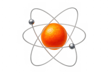 Orange fruit representing atomic nucleus, electrons swirling around in scientific visualization, demonstrating molecular research concept