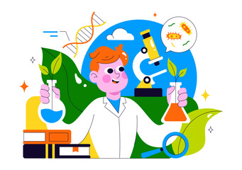 Biotechnology Innovation Illustration featuring Biology and Technology by Developing Products and Processes with a DNA in a Scientific Laboratory