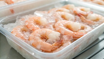 Close Up of Frozen Peeled Shrimp in Plastic Tray with Ice Crystals Inside Supermarket Freezer