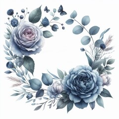 Watercolor frame with blue rose, peony, eucalyptus, and succulent clipart for greeting cards and wedding invitations. Romantic and delicate design with indigo flowers, branches, and leaves. - High-res