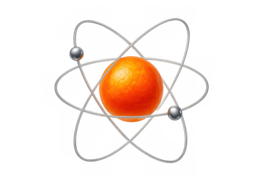 Orange fruit representing atomic nucleus, electrons swirling around in scientific visualization, demonstrating molecular research concept