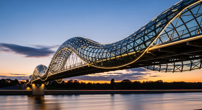 Modern WaveShaped Bridge at Sunset over Waterway.