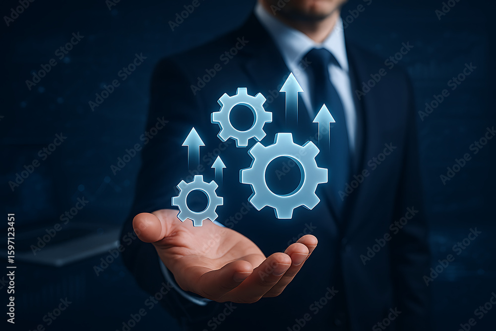 Poster gear icons rising from businessman hand showing development process strategy optimization with smart