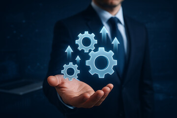 Gear icons rising from businessman hand showing development process strategy optimization with smart productivity and corporate system upgrade in technical growth environment