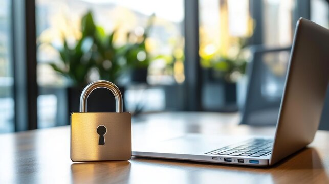 A laptop and a padlock on a wooden desk in an office setting.