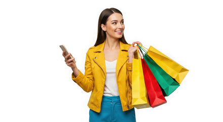 Woman with shopping bags and phone wearing yellow jacket smiles on transparent background