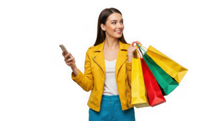 Woman with shopping bags and phone wearing yellow jacket smiles on transparent background
