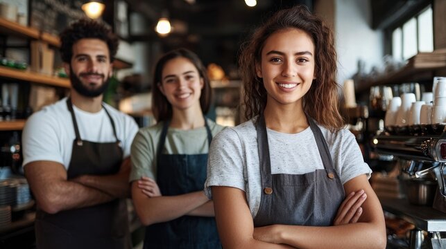 Three smiling baristas standing in a coffee shop.
