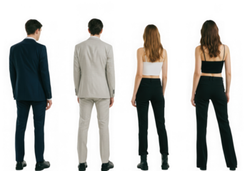 Four people standing with their backs facing the camera view on transparent background