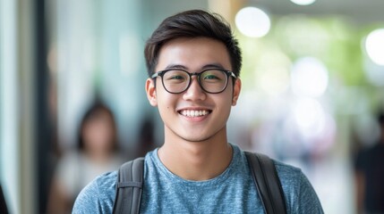 A young man with glasses and a backpack smiling in a university or college hallway.