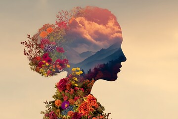 Floral silhouette with mountain landscape double exposure