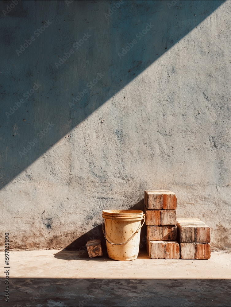 Poster sunlit brick and bucket composition: a striking image, featuring a rustic bucket resting beside a ne