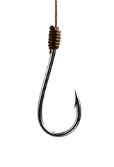 Close up view of a sharp metallic fishing hook suspended by a knotted brown rope against black