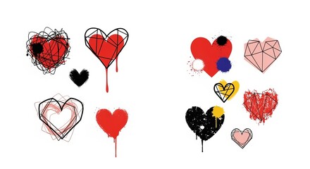 Abstract Heart Shapes Red, Black, and Yellow Decorative Designs on White Background