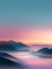 Obraz premium Serene Mountain Vista: A breathtaking landscape unfolds, with rolling mountain ranges softly silhouetted against a dreamy gradient sky, inviting a sense of tranquility and wonder.
