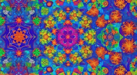Vibrant Floral Kaleidoscope Pattern Abstract Blue Orange Texture