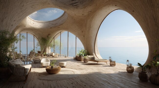 Sunlit, organically-shaped interior space overlooking a calm ocean. Large arched windows offer panoramic views, while natural materials and potted plants create a tranquil atmosphere