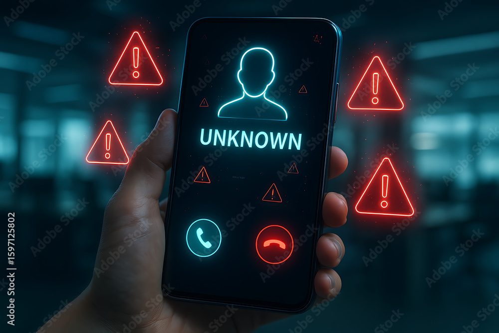 Poster unknown caller alert on smartphone showing warning icons and blocked number identification during su