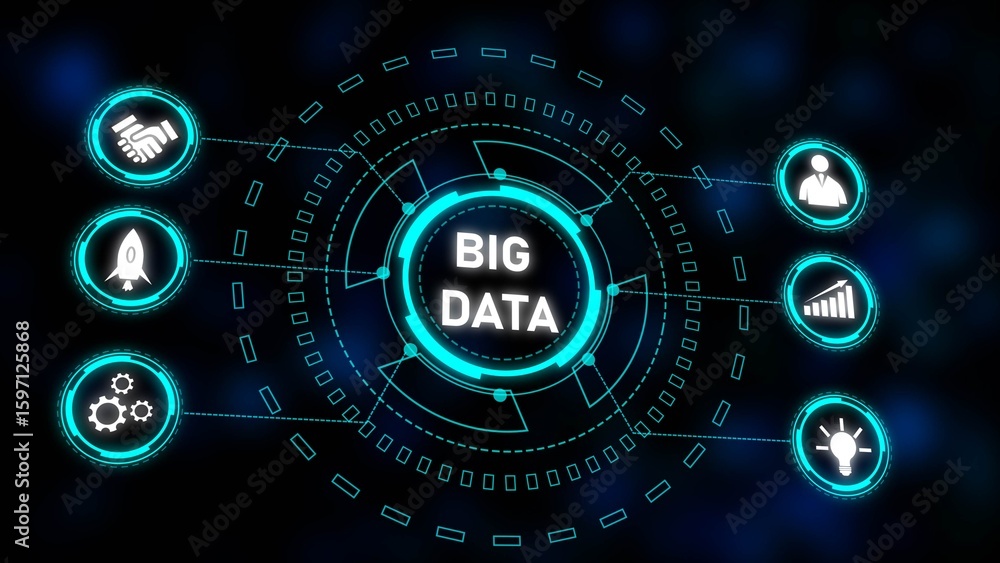 Poster big data concept cyan blue futuristic technology interface graphic circular network icons growth sta