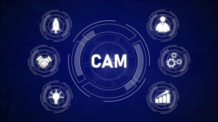 Blue Background C A M Acronym Central Circle White Icons Startup Teamwork Business Growth Technology Concept