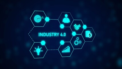 Blue Hexagon Network Graphic Industry 40 Concept Target Businessman Handshake Gears Growth Lightbulb Money Data