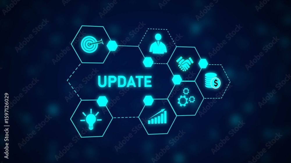 Poster cyan blue hexagon network graphic showing business update concept with technology icons data flowcha
