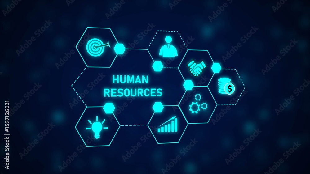 Aufkleber cyan blue hexagon network graphic human resources concept target icon person handshake dollar sign l