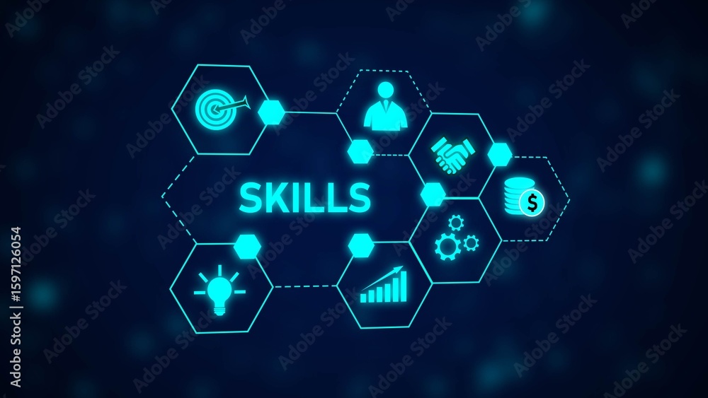 Aufkleber cyan blue hexagon skills network graphic target business person handshake coins graph lightbulb imag