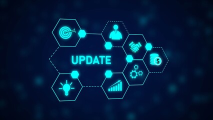 Cyan Blue Hexagon Network Graphic Showing Business Update Concept with Technology Icons Data Flowchart