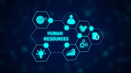 Cyan Blue Hexagon Network Graphic Human Resources Concept Target Icon Person Handshake Dollar Sign Lightbulb Graph Bar Chart