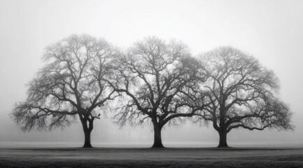 Naklejka premium Three leafless trees stand in a foggy field, their silhouettes stark against the pale sky, conveying a sense of serenity and winter's stillness