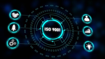 Cyan Blue I S O 9001 Standard Certification Graphic Digital Technology Interface White Icons Dark Background