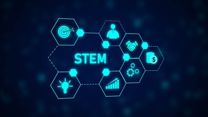 Cyan Blue S T E M Network Hexagon Graphic Business Technology Concept Idea Innovation Growth Teamwork Target Money Icons
