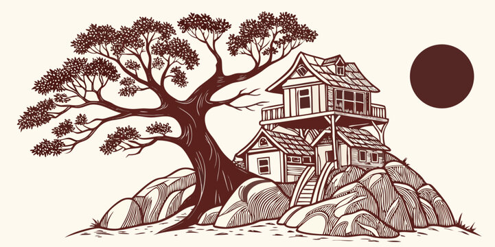 A fun stone sculpture showing art tree houses and the sun in dark red white background vector illustration.
