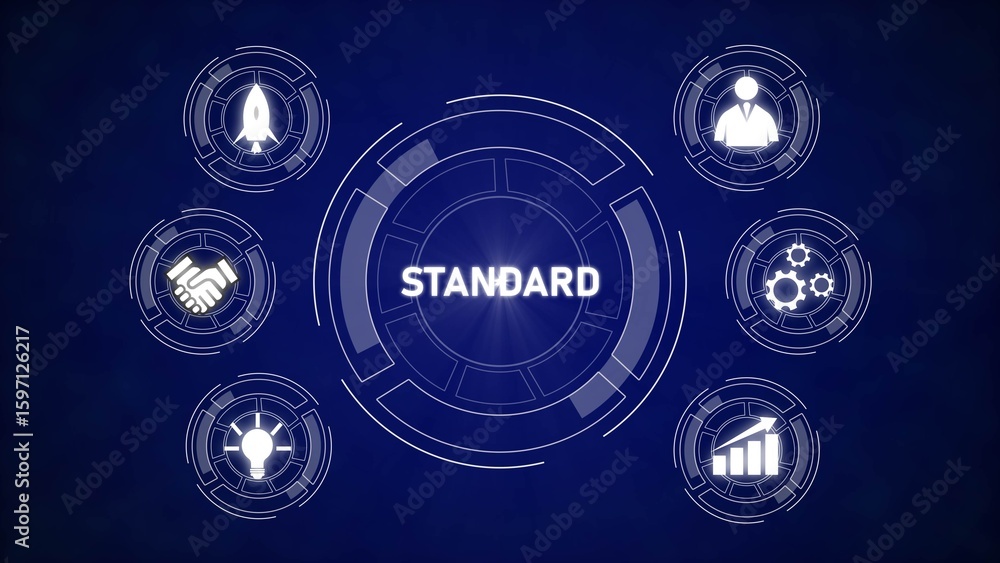 Poster dark blue background white circular interface standard word rocket handshake gears lightbulb graph b