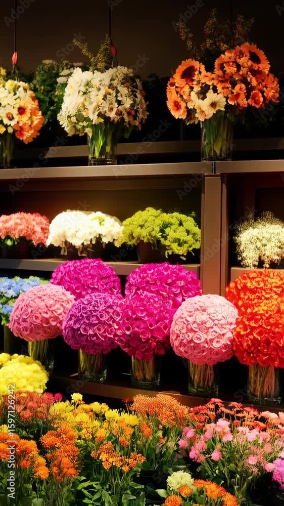 Poster display of colorful flower arrangements on multiple shelves in a flower shop creating a vibrant and 
