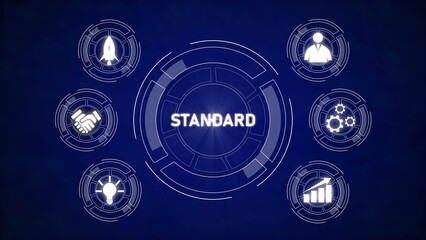 Dark Blue Background White Circular Interface Standard Word Rocket Handshake Gears Lightbulb Graph Business Person Icons