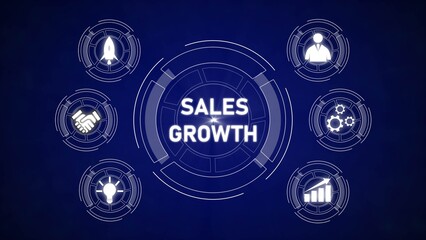 Dark Blue Sales Growth Infographic Circular White Icons Rocket Handshake Gears Lightbulb Graph Businessman